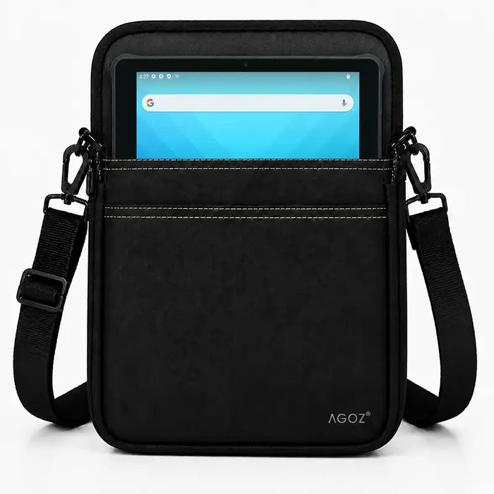 Black Agoz crossbody carrying case with a Unitech RT112 tablet and adjustable shoulder strap