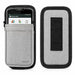 Gray Newland shoulder sling holster with Newland mobile computer secured in the front pouch and rear belt loop view.
