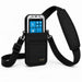 Black Panasonic Toughbook shoulder sling holster with device seated in front pouch and adjustable crossbody strap on white background.