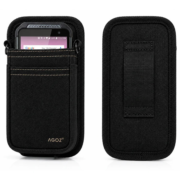 Front and back product view of the black AgozTech Point Mobile crossbody holster, showing the Point Mobile device seated in the front pouch and the rear belt loop panel on a light background.