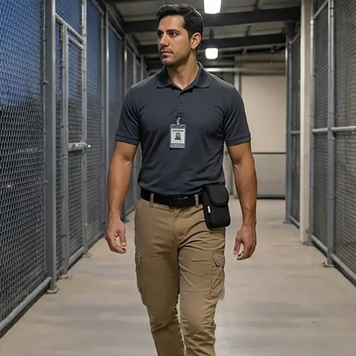Facility officer wearing the Guardian RFID Spartan 3 case on a belt while walking through a secured corridor during rounds.
