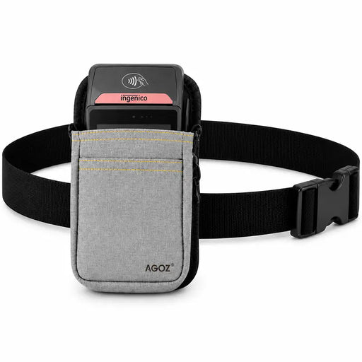 Ingenico POS payment terminal in an Agoz gray holster with adjustable black waist belt for hands-free carrying.