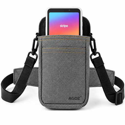 Gray Agoz crossbody holster with Stripe Reader S700/S710 and adjustable shoulder sling