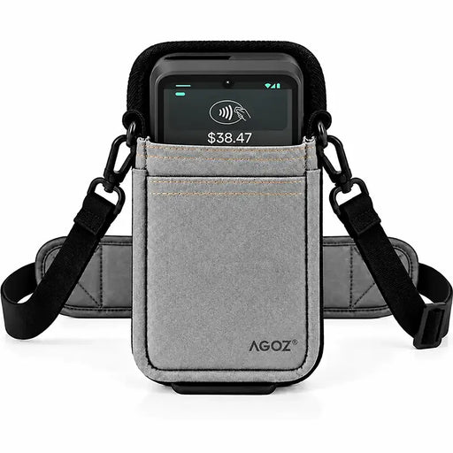 Gray Agoz crossbody POS holster holding a Verifone payment terminal, featuring adjustable black shoulder strap and padded support.