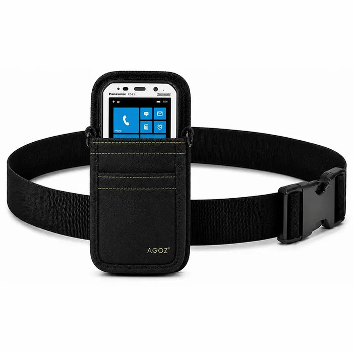 Black Panasonic Toughbook waist belt pouch shown with a Toughbook device secured in the front pocket and an adjustable belt strap for inspection workflows.