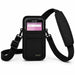 Front studio view of the black AgozTech Point Mobile crossbody holster with Point Mobile handheld device inserted, showing the adjustable shoulder strap, padded shoulder section, front pocket stitching, and AGOZ logo on a light background.