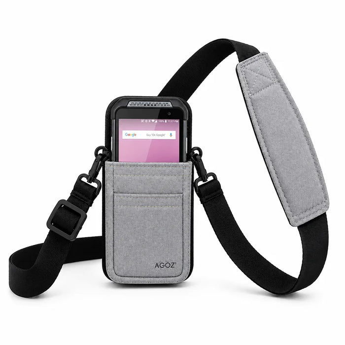 Front studio view of the gray AgozTech Point Mobile crossbody holster with Point Mobile handheld device inserted, featuring a black adjustable shoulder strap, padded shoulder section, front pocket, and AGOZ logo on a light background.