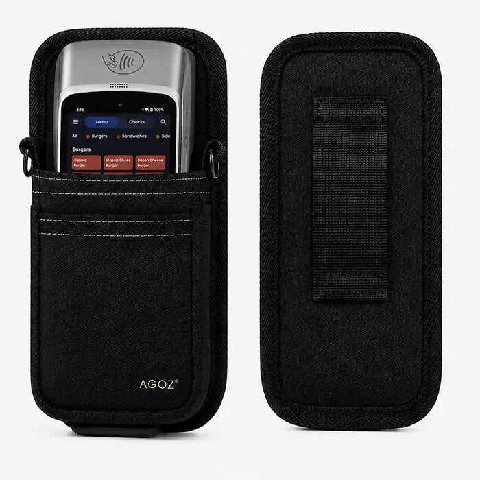 Front and back views of an Agoz carrying case for a SpotOn payment terminal, showing the protective pouch, side attachment rings, and rear belt loop.