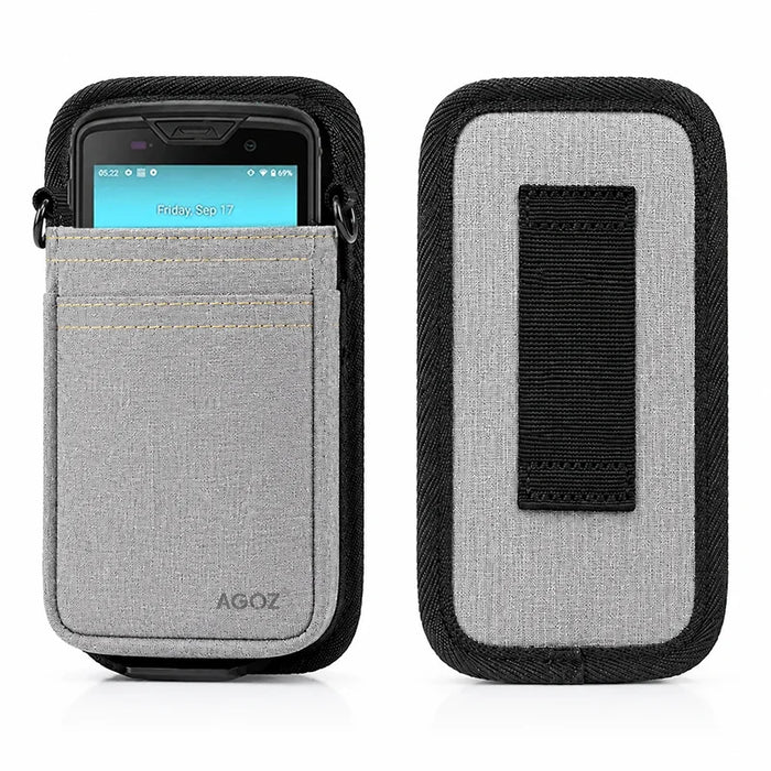 Gray Unitech waist belt pouch shown with front scanner access and rear belt loop detail for stockroom and inventory workflows.