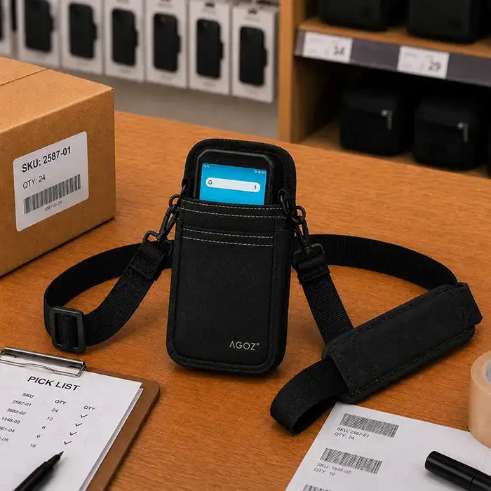 Black Agoz shoulder sling case with Almex mobile computer staged on a packing workstation with SKU labels, pick list, barcode sheets, and shipping supplies.
