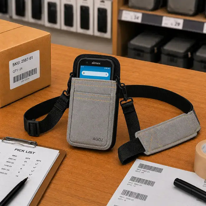 Gray Agoz shoulder sling case with Almex mobile computer staged on a warehouse packing table with SKU labels, pick list, barcode sheets, and shipping supplies.
