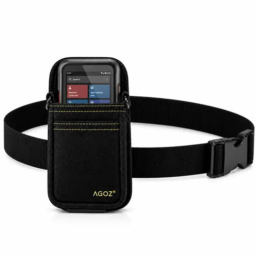 Black AGOZ Shopify POS Go terminal holster with adjustable nylon waist belt, quick-release buckle, and front storage pocket.