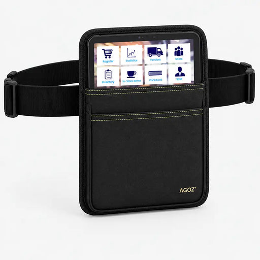 Black Agoz PAX payment tablet holster with adjustable waist belt, front storage pocket, and PAX POS tablet securely positioned inside.