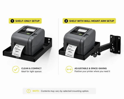 AgozTech Brother printer wall mount shelf shown in shelf-only and swing arm setup options