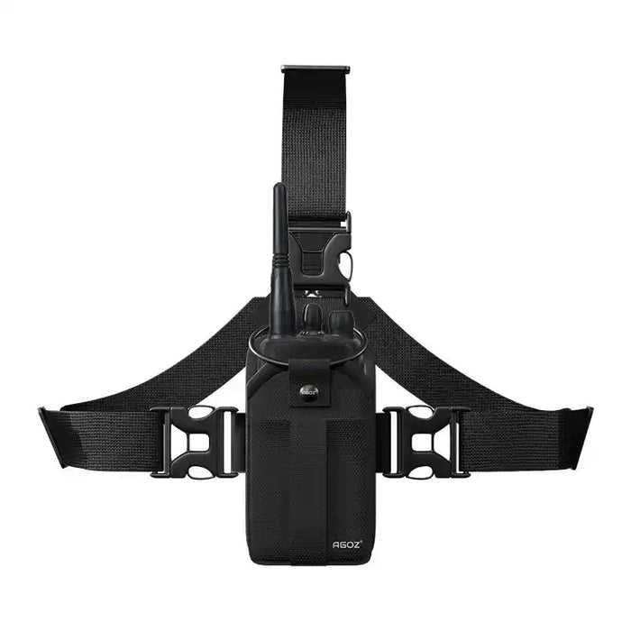Chest harness pouch for Baofeng two-way radio with front-facing radio holder and adjustable black straps