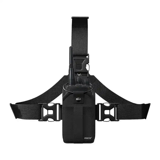 Chest harness pouch for Midland two-way radio with front-facing radio holder and adjustable black straps