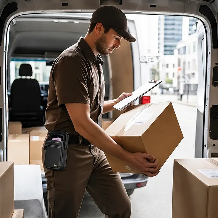 Newland mobile computer waist belt holster used by delivery worker during package handling and route workflow