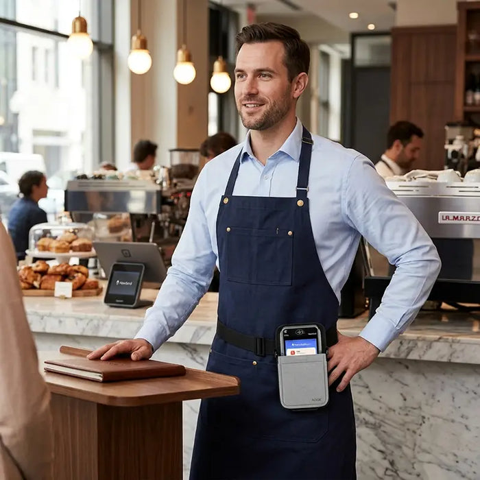 Service team member wearing an AgozTech gray waist belt holster with Newland POS terminal for mobile checkout.