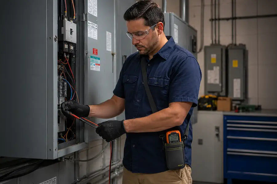 Electrician working at a panel, wearing the AgozTech Holster with Crossbody Sling for Klein Tools Multimeter 