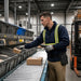 Unitech mobile computer waist belt pouch used by warehouse employee during inventory sorting and fulfillment workflow