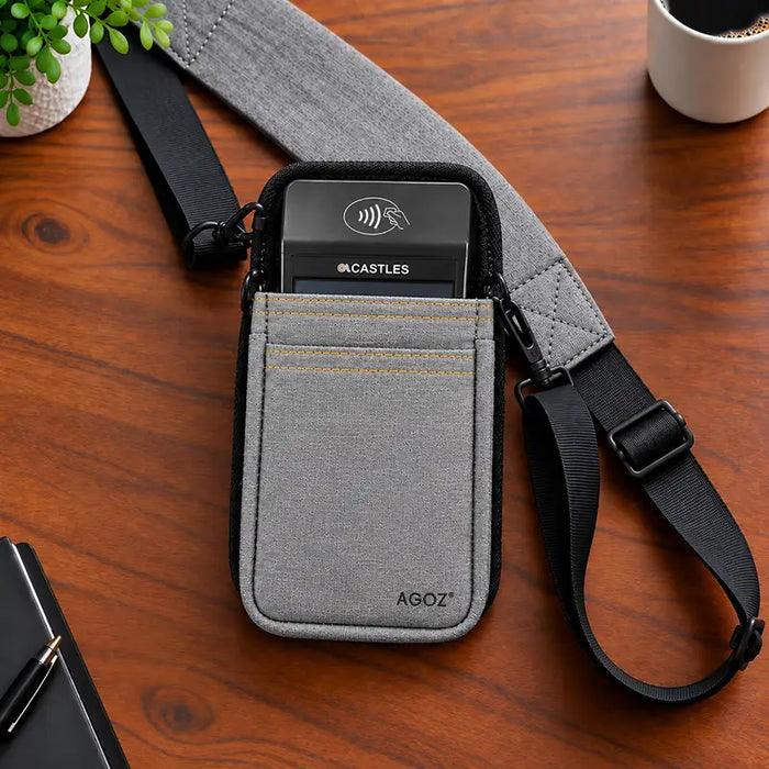 Castles POS terminal in gray Agoz holster with adjustable shoulder sling