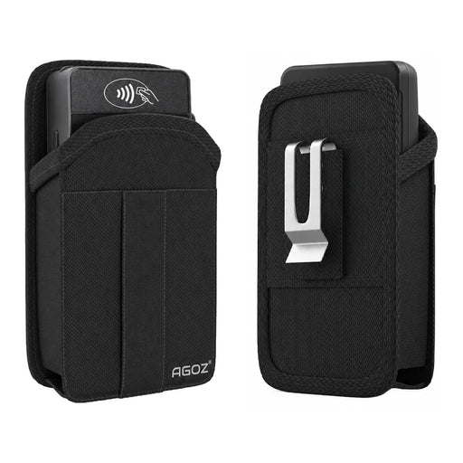 Agoz rugged Castles POS holster shown from front and rear angles, featuring a black protective pouch, metal belt clip, and rear belt loop design.
