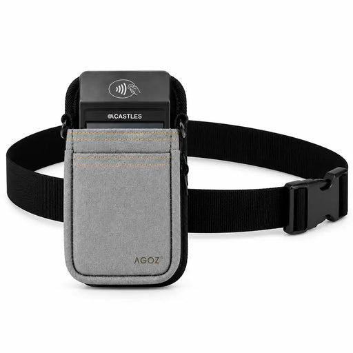 Gray Agoz holster with durable waist belt for Castles handheld POS terminal