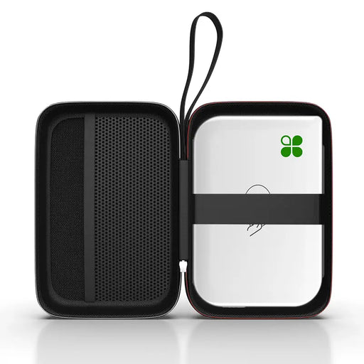 Open Agoz protective travel case holding a white Clover Go 3rd Generation reader, featuring a secure elastic strap, mesh storage pocket, and black padded interior.