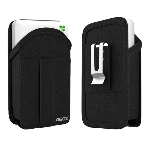 Agoz rugged Clover POS holster shown from front and rear angles, featuring black protective fabric, a silver metal belt clip, and reinforced belt loop attachment.