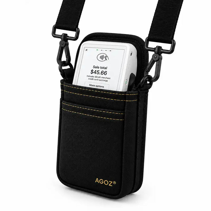 Clover Flex POS terminal secured in black Agoz holster with shoulder sling attachments