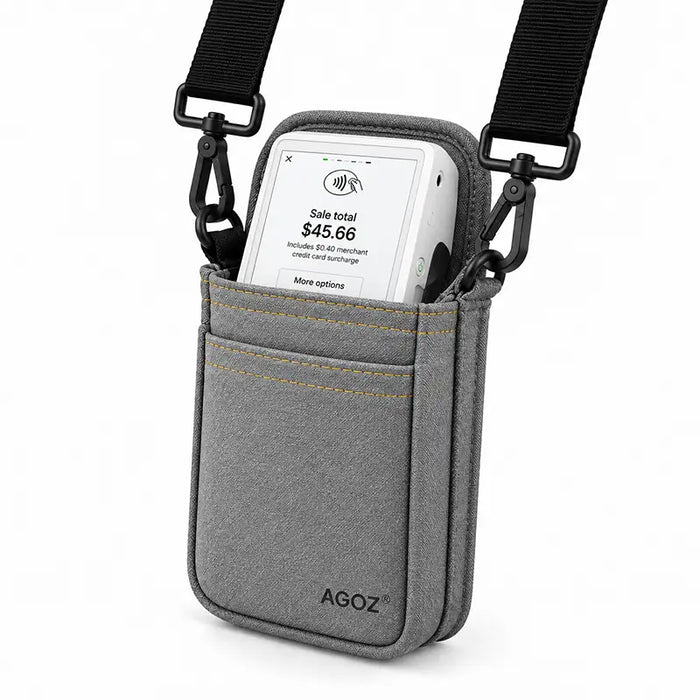 Clover Flex POS terminal secured in gray Agoz holster with shoulder sling attachments