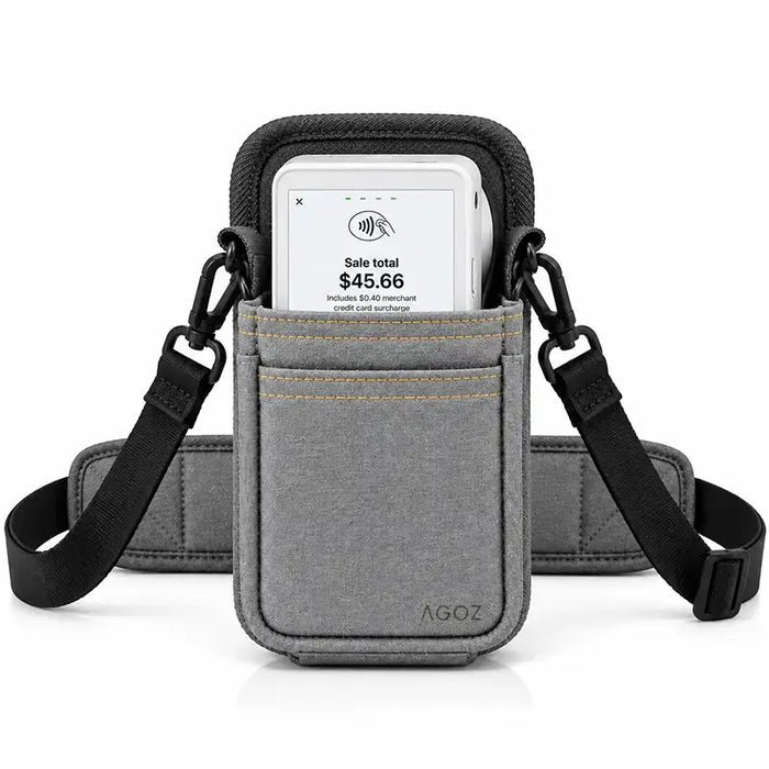 Clover Flex POS terminal in gray Agoz sling holster with adjustable shoulder strap