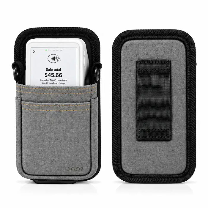 Front and back view of gray Agoz Clover Flex POS holster with integrated belt loop