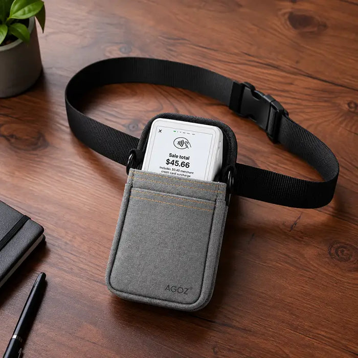 Gray Agoz waist belt holster with Clover Flex POS terminal for hands-free payment workflows