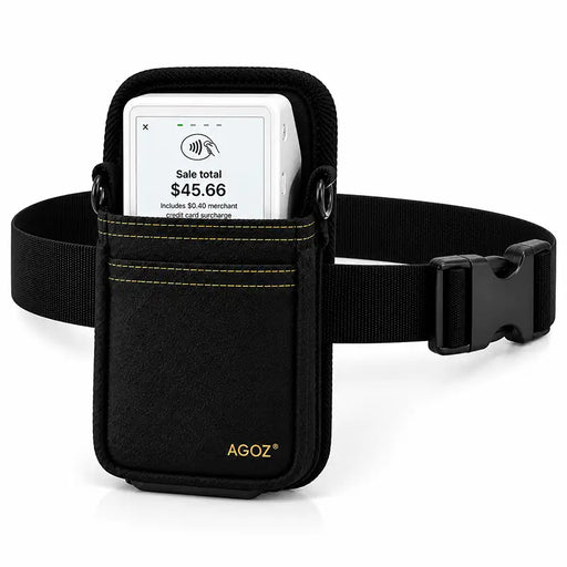 Clover Flex handheld POS terminal in black Agoz holster with adjustable rugged waist belt