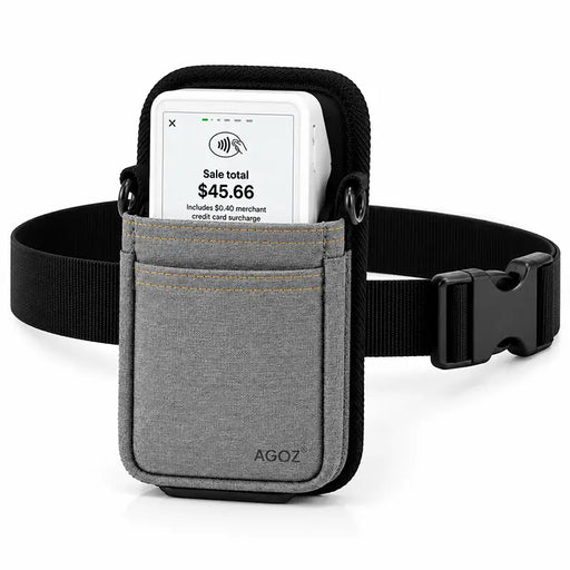 Clover Flex handheld POS terminal in gray Agoz holster with adjustable rugged waist belt