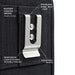 Annotated close-up of AgozTech holster back showing stainless steel belt clip, rugged canvas weave, reinforced stitching, and rivets