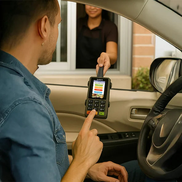 Customer using Shopify POS Terminal in AgozTech drive-thru handheld mount at drive-thru window