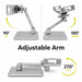 Agoz low-profile tablet stand demonstrating adjustable arm positions from 90 degrees up to 270 degrees of tilt.