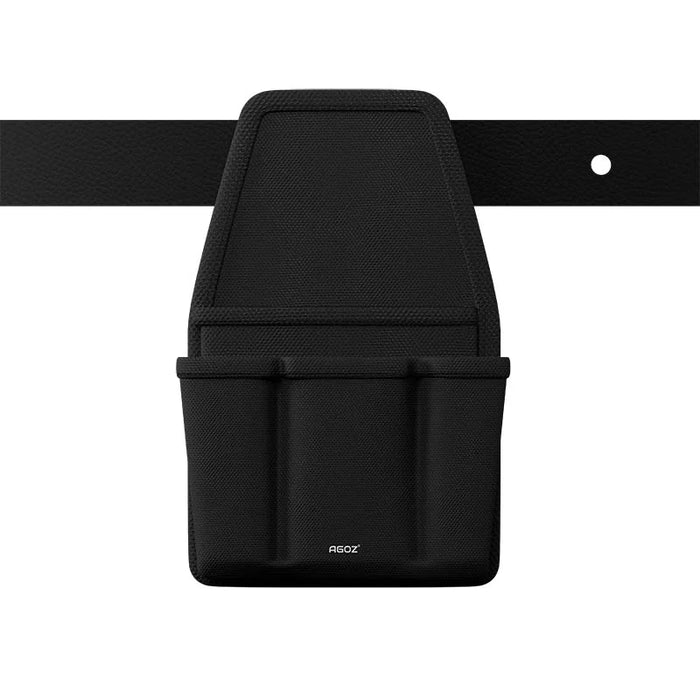 Rear view of black Agoz utility tool pouch showing the metal belt clip attachment and reinforced fabric backing.