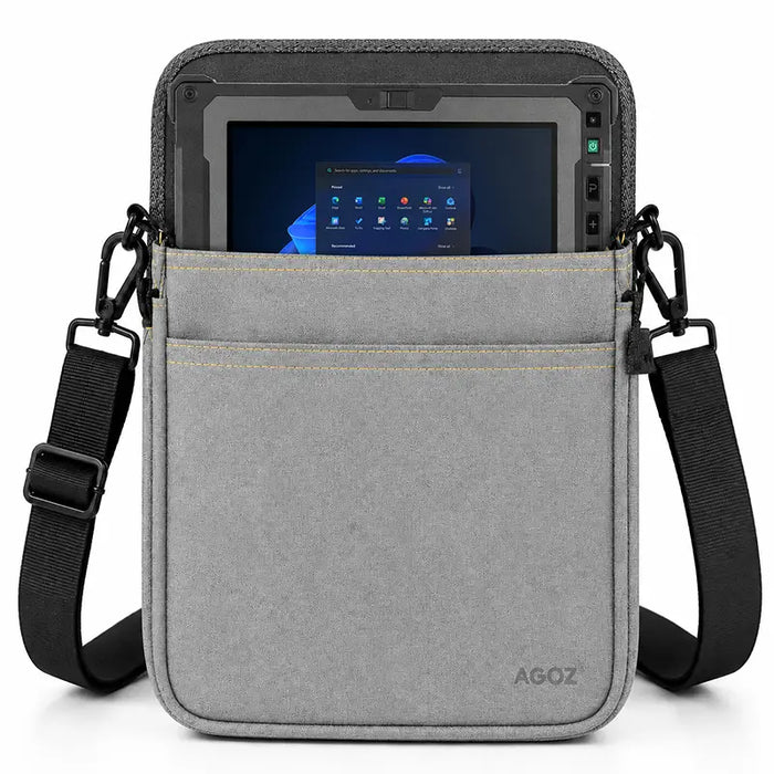 Gray Getac tablet carrying case with shoulder sling, reinforced stitching, and rugged tablet seated in front pocket
