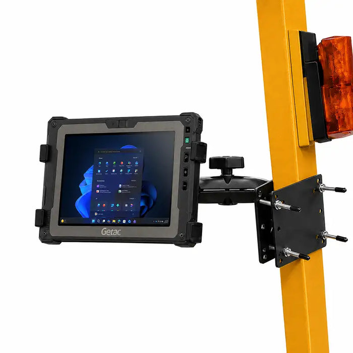 AgozTech forklift mount holder with Getac rugged tablet secured to forklift post for warehouse mobility