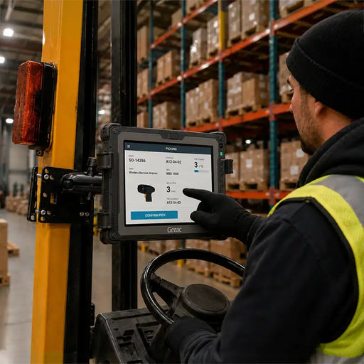 Forklift operator using AgozTech Getac tablet mount holder for picking workflow in warehouse operations
