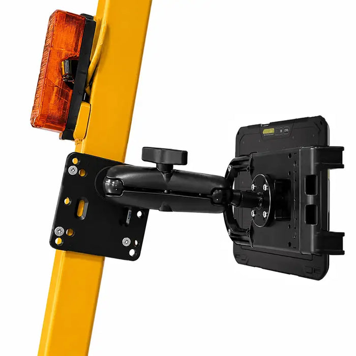 Side view of the AgozTech adjustable tablet mount holder secured to a forklift mast.