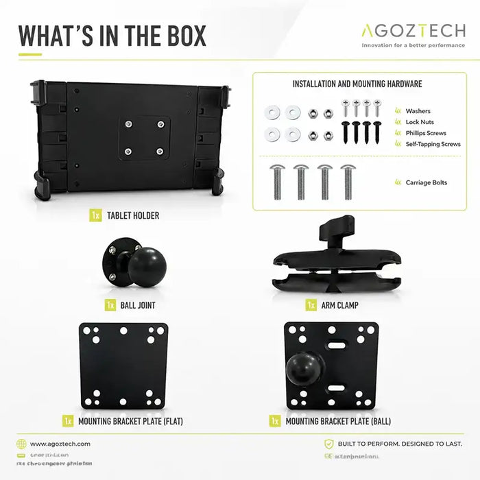 AgozTech forklift tablet mount kit with tablet holder, ball joint, arm clamp, mounting plates, and installation hardware.