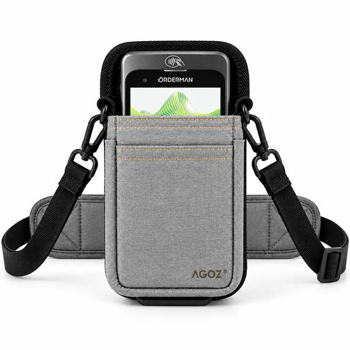 Gray Agoz Orderman POS holster with adjustable crossbody shoulder strap, secure attachment clips, and front accessory pocket for restaurant staff.