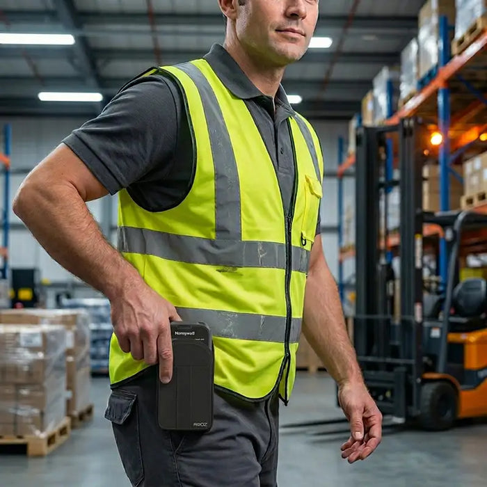 Warehouse worker using AgozTech holster case with Honeywell CT47 mobile computer on belt