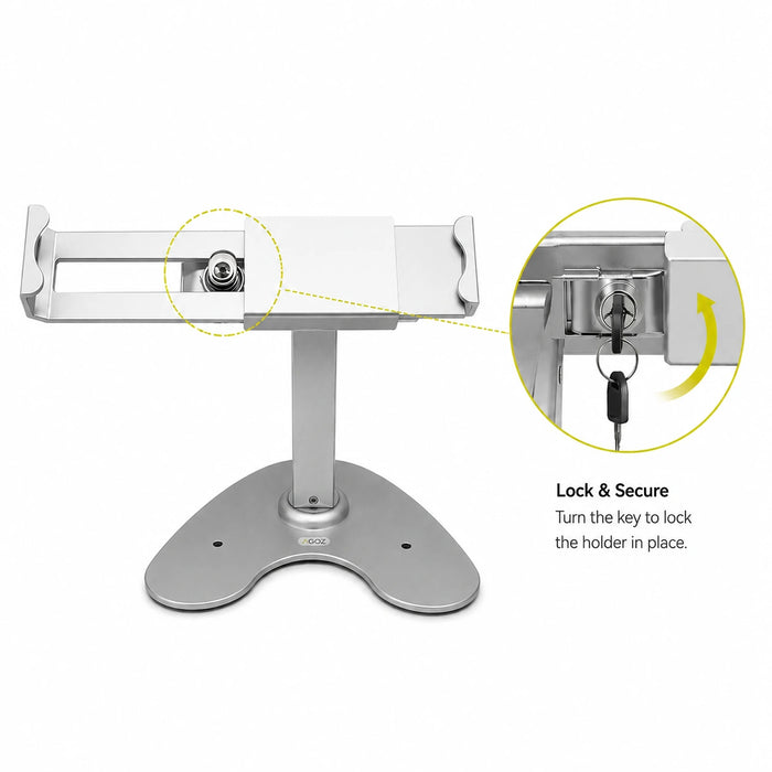 Agoz high-profile tablet stand with close-up view of the locking mechanism and security keys.