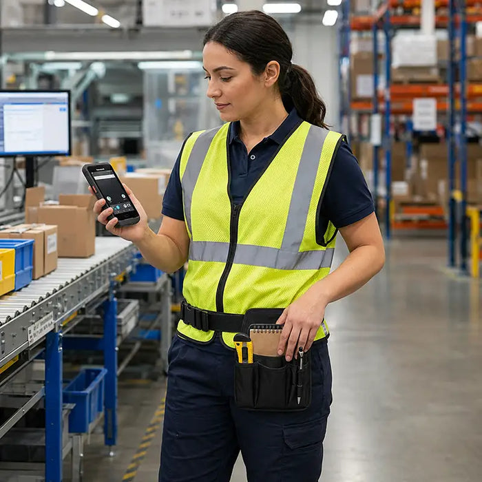 Worker holding a Honeywell mobile computer with an AgozTech black tool pouch worn on a waist belt in a warehouse packing area.