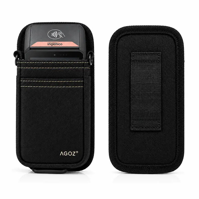 Front and back views of the Agoz holster for Ingenico POS payment terminals, showing the protective pouch and rear belt loop.